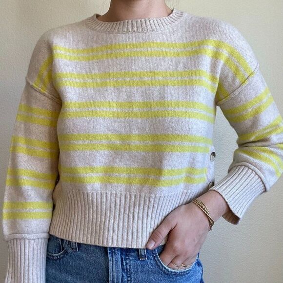 Aqua Womens Beige Yellow Striped 100% Cashmere Crewneck Soft Sweater Sz S - Picture 6 of 10